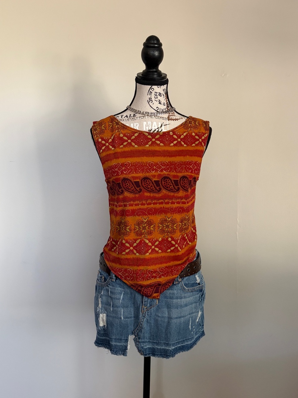 Y2K Vintage Red Orange Paisley Boho Sleeveless Tank Top
